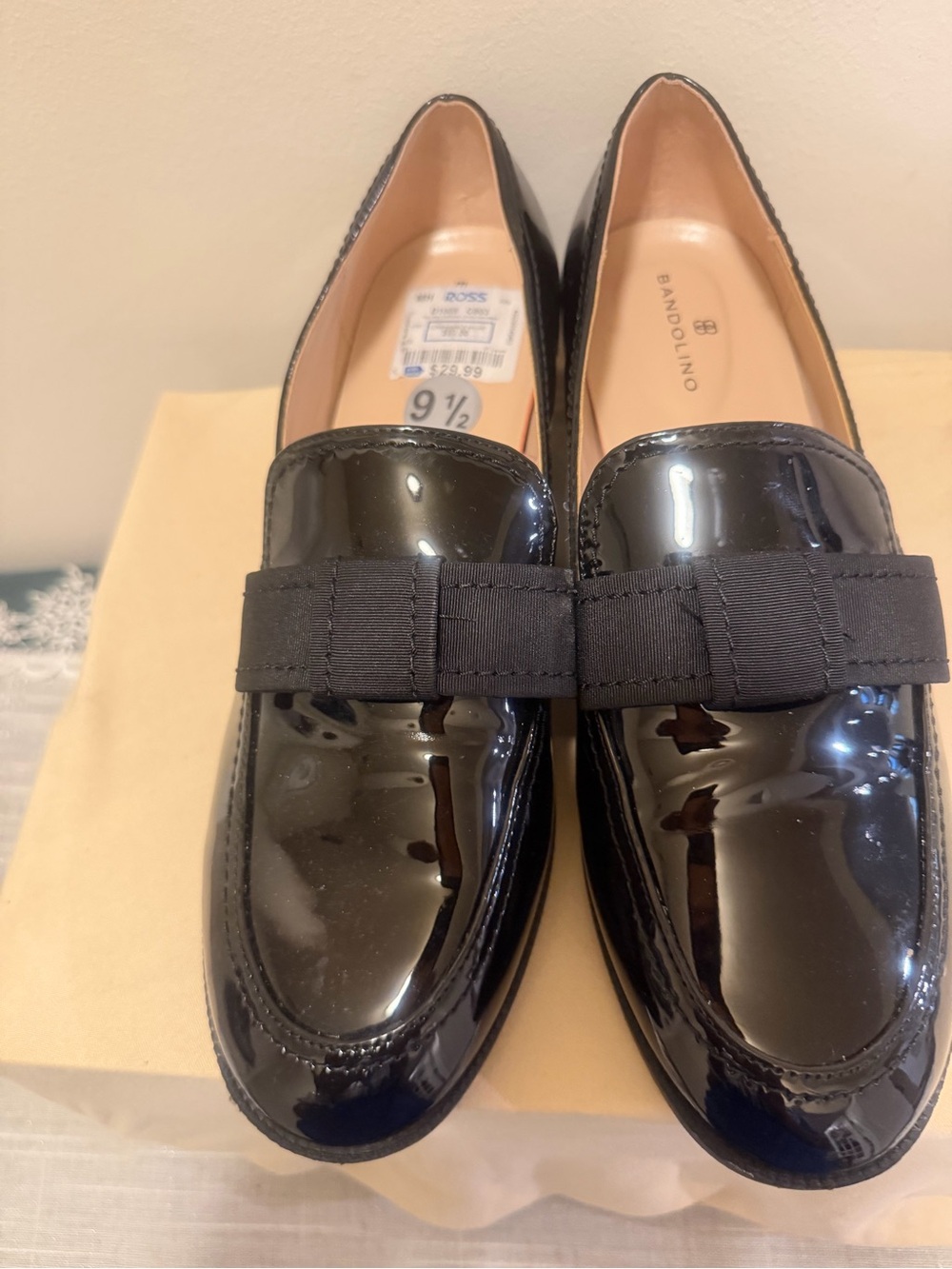 Bandolino Black Patent Loafers with Grosgrain Bow